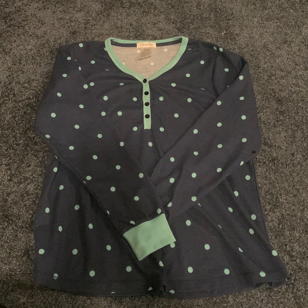 Olivia Rae pajamas, Navy w/ light teal polka dots, size M